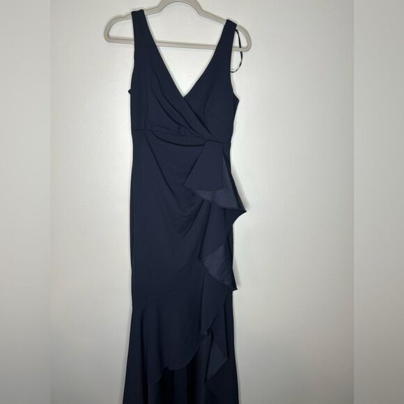 Betsy & Adam V Neck Cascade Ruffle High Low Gown - Picture 3 of 5